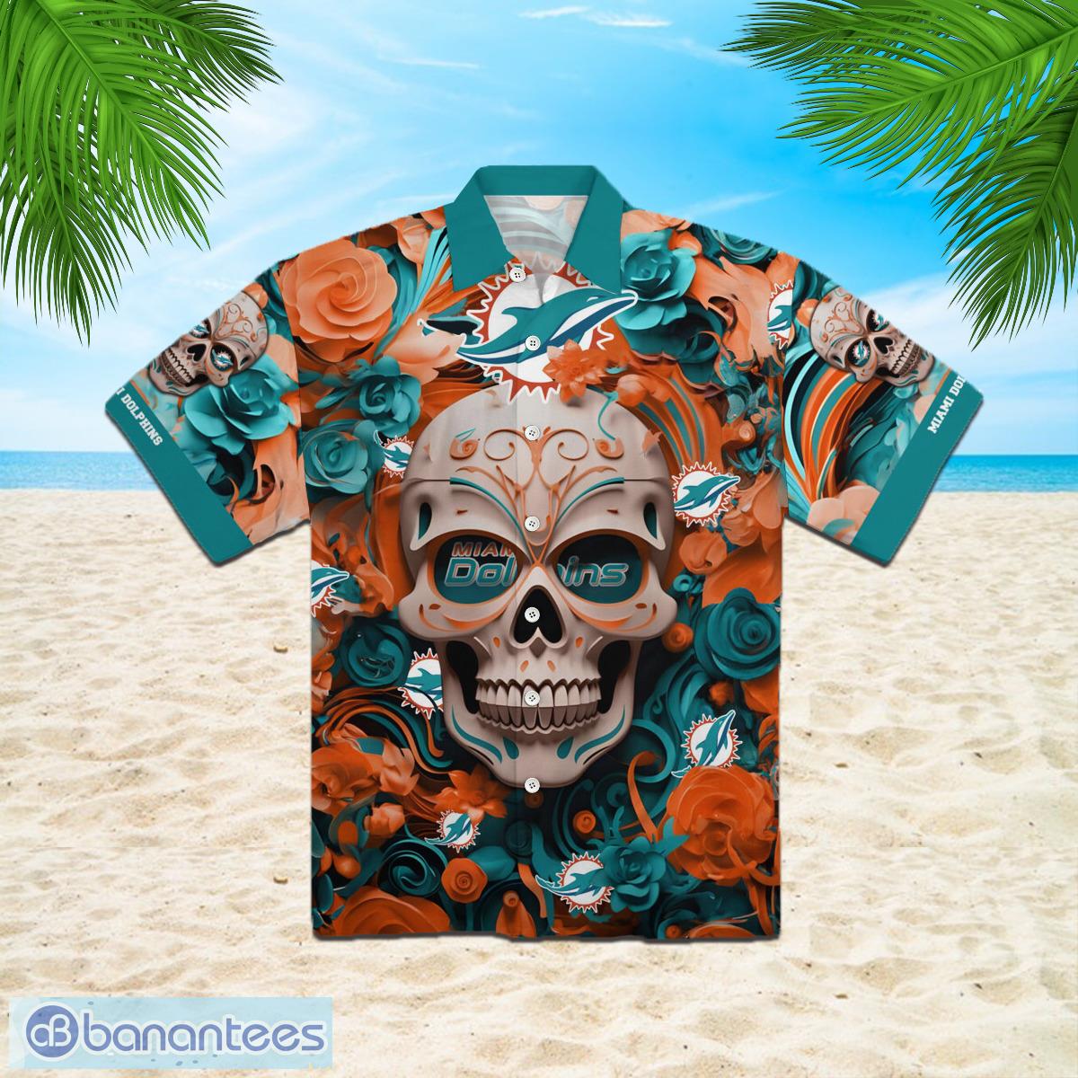 miami dolphins halloween skull 3d hawaiian shirt 1 image Miami Dolphins Halloween Skull 3D Hawaiian Shirt Product Photo 2