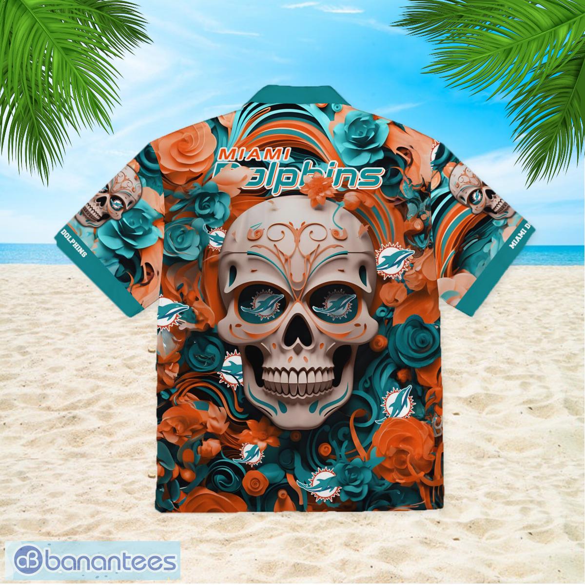 miami dolphins halloween skull 3d hawaiian shirt image Miami Dolphins Halloween Skull 3D Hawaiian Shirt Product Photo 1