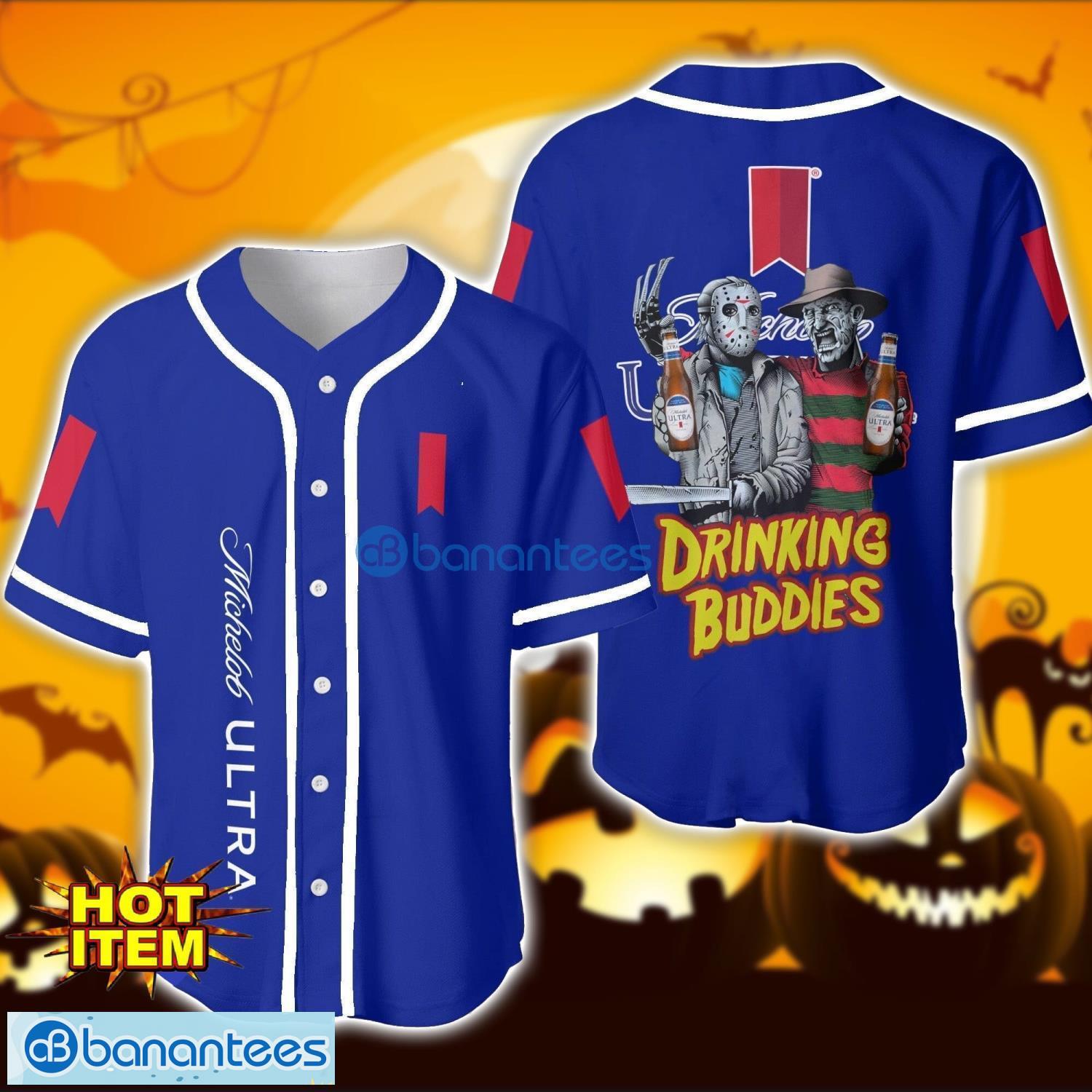 michelob ultra drinking buddies halloween horror freddy and jason baseball jersey shirt for men women gift image Michelob Ultra Drinking Buddies Halloween Horror Freddy And Jason Baseball Jersey Shirt For Men Women Gift Product Photo 1