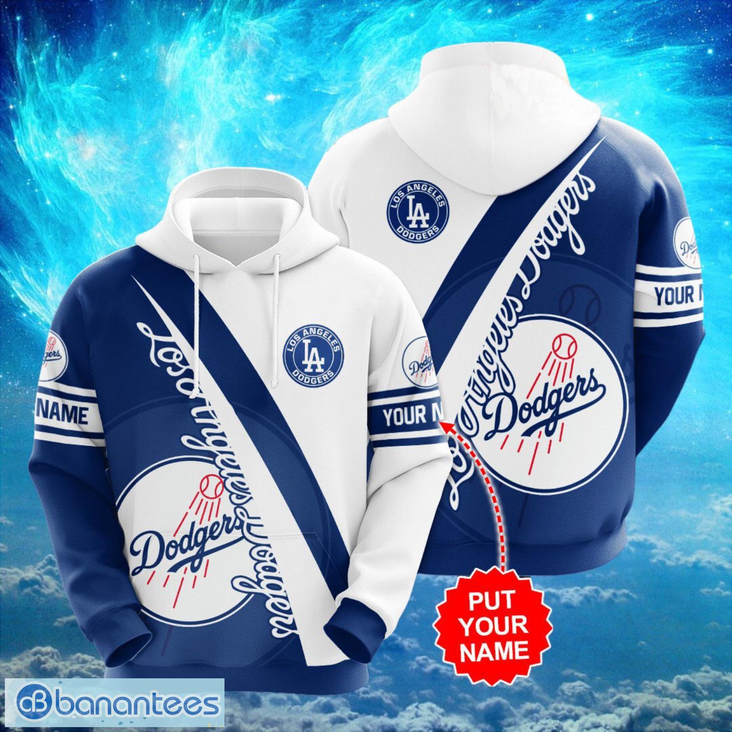 mlb los angeles dodgers logo design white blue hoodie full print hoodie custom name image MLB Los Angeles Dodgers Logo Design White Blue Hoodie Full Print Hoodie Custom Name Product Photo 1