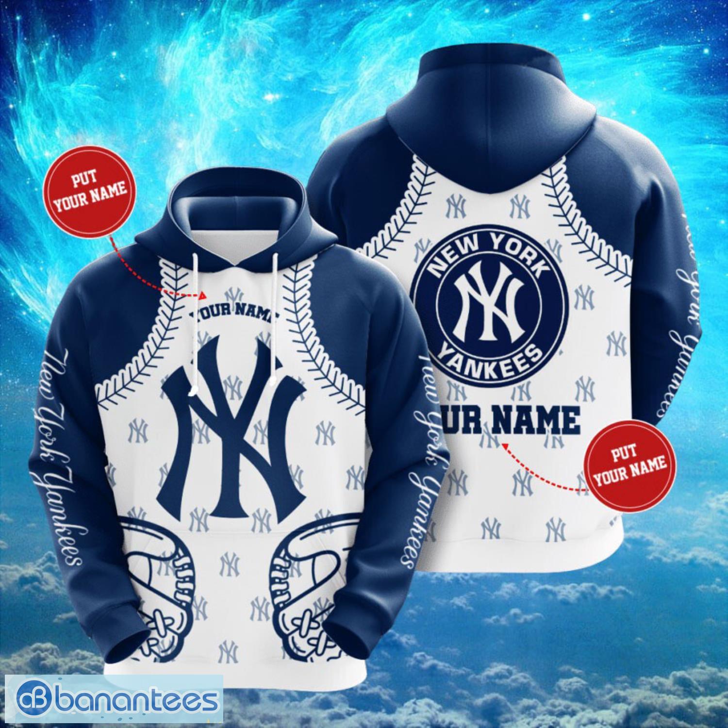 mlb new york yankees logo design baseball gloves white blue hoodie full print hoodie custom name image MLB New York Yankees Logo Design Baseball Gloves White Blue Hoodie Full Print Hoodie Custom Name Product Photo 1
