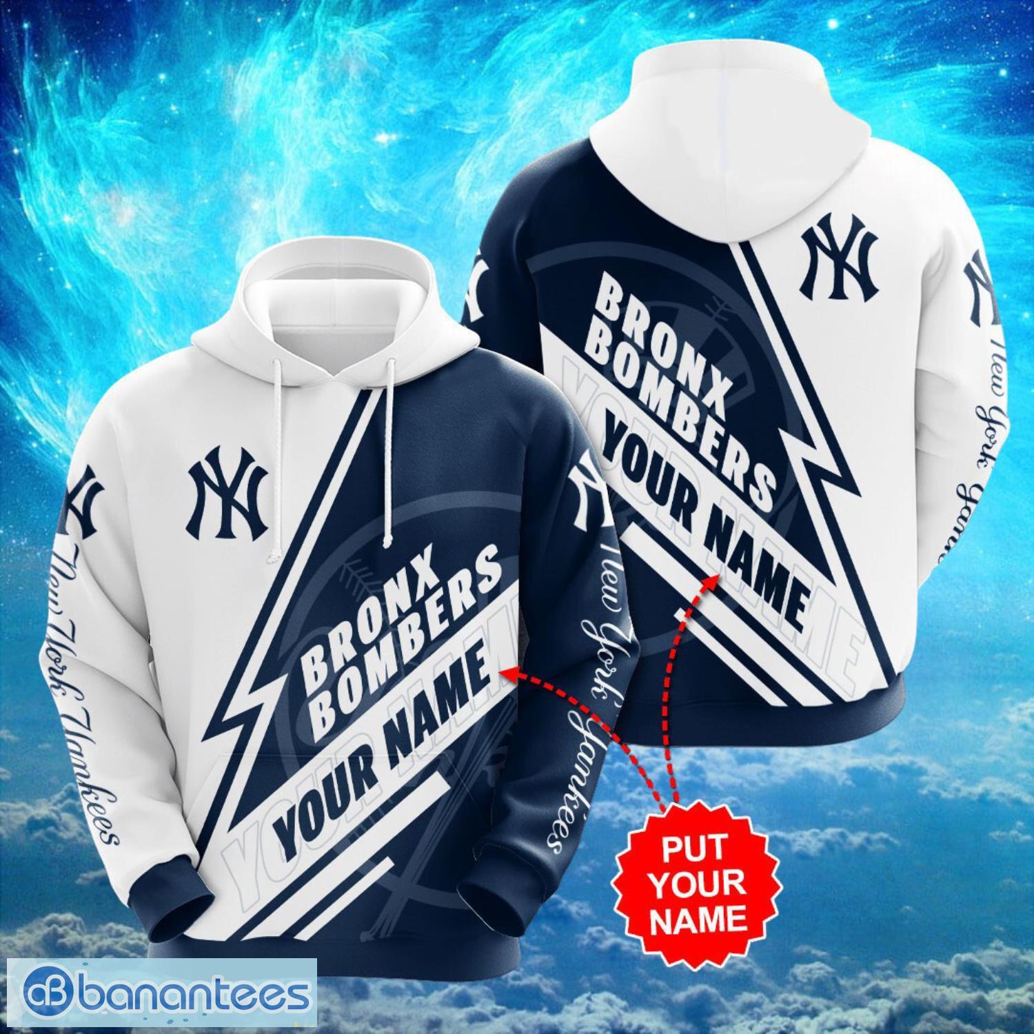 mlb new york yankees logo design bronx bombers white blue hoodie full print hoodie custom name image MLB New York Yankees Logo Design Bronx Bombers White Blue Hoodie Full Print Hoodie Custom Name Product Photo 1