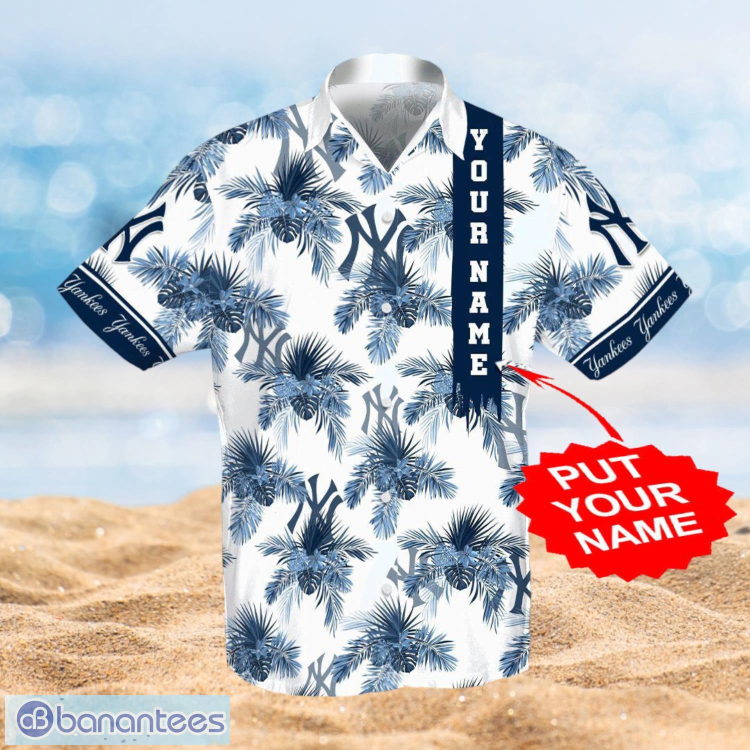 mlb new york yankees logo design tropical gifts for fans custom name shirt hawaiian shirt image MLB New York Yankees Logo Design Tropical Gifts For Fans Custom Name Shirt Hawaiian Shirt Product Photo 1