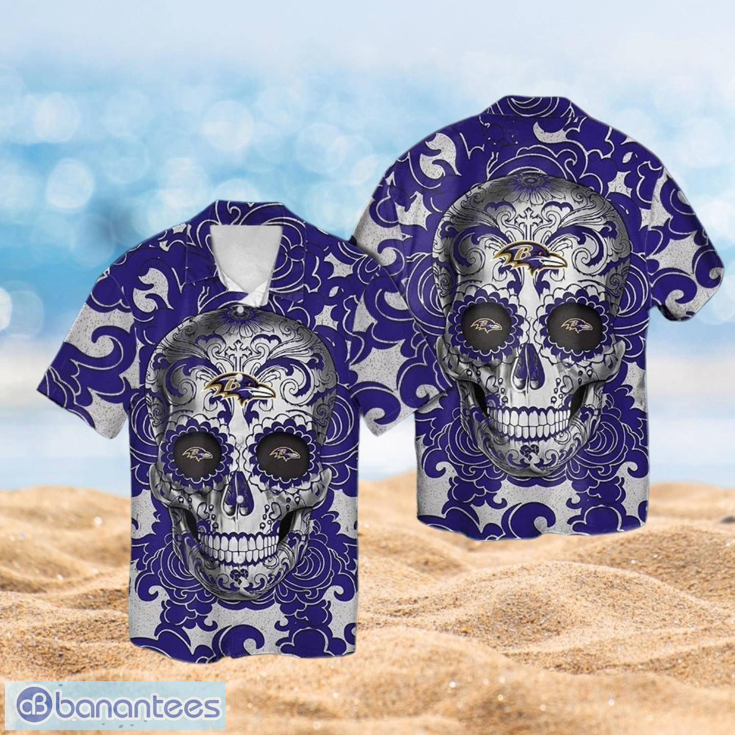 nfl baltimore ravens logo design skull tropical halloween shirt hawaiian 3d shirt image NFL Baltimore Ravens Logo Design Skull Tropical Halloween Shirt Hawaiian 3D Shirt Product Photo 1