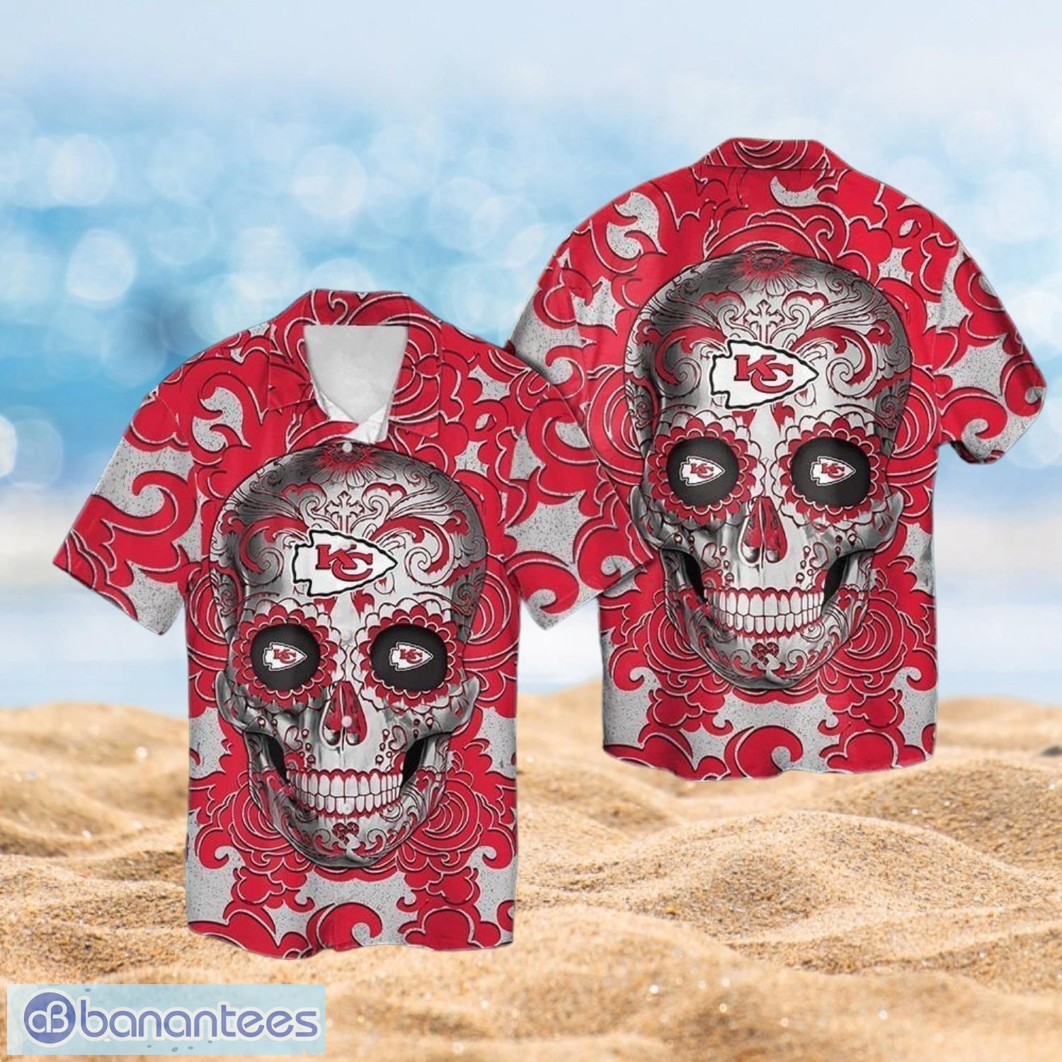 nfl kansas city chiefs logo design skull tropical halloween shirt hawaiian 3d shirt image NFL Kansas City Chiefs Logo Design Skull Tropical Halloween Shirt Hawaiian 3D Shirt Product Photo 1