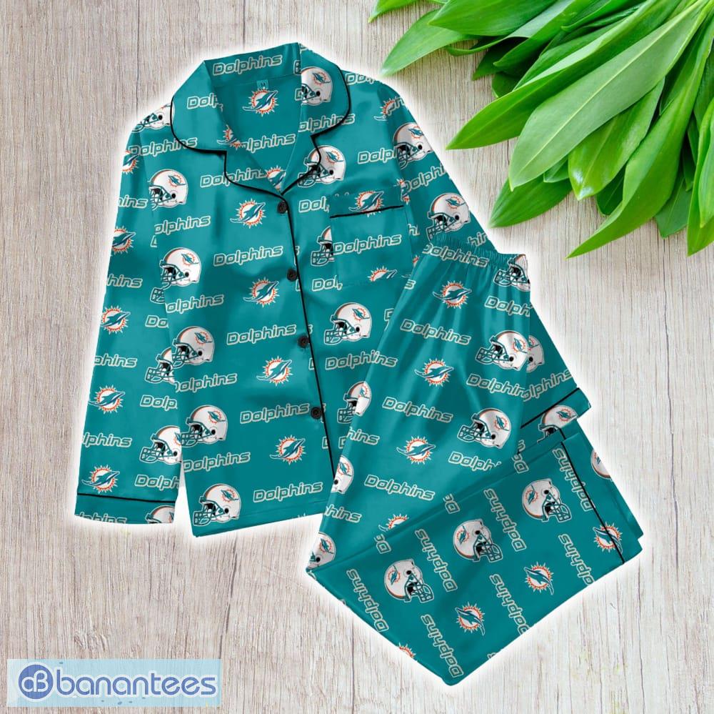 nfl miami dolphins satin long sleeve pajamas set family for men women gift christmas image NFL Miami Dolphins Satin Long Sleeve Pajamas Set Family For Men Women Gift Christmas - NFL Miami Dolphins_Women Satin Long Sleeve Pajamas Set_1