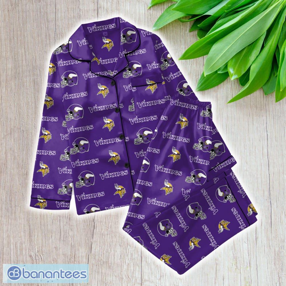 nfl minnesota vikings satin long sleeve pajamas set family for men women gift christmas image NFL Minnesota Vikings Satin Long Sleeve Pajamas Set Family For Men Women Gift Christmas - NFL Minnesota Vikings_Women Satin Long Sleeve Pajamas Set_1