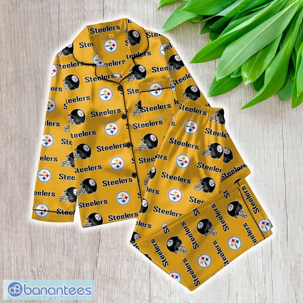 nfl pittsburgh steelers satin long sleeve pajamas set family for men women gift christmas image NFL Pittsburgh Steelers Satin Long Sleeve Pajamas Set Family For Men Women Gift Christmas - NFL Pittsburgh Steelers_Women Satin Long Sleeve Pajamas Set_1