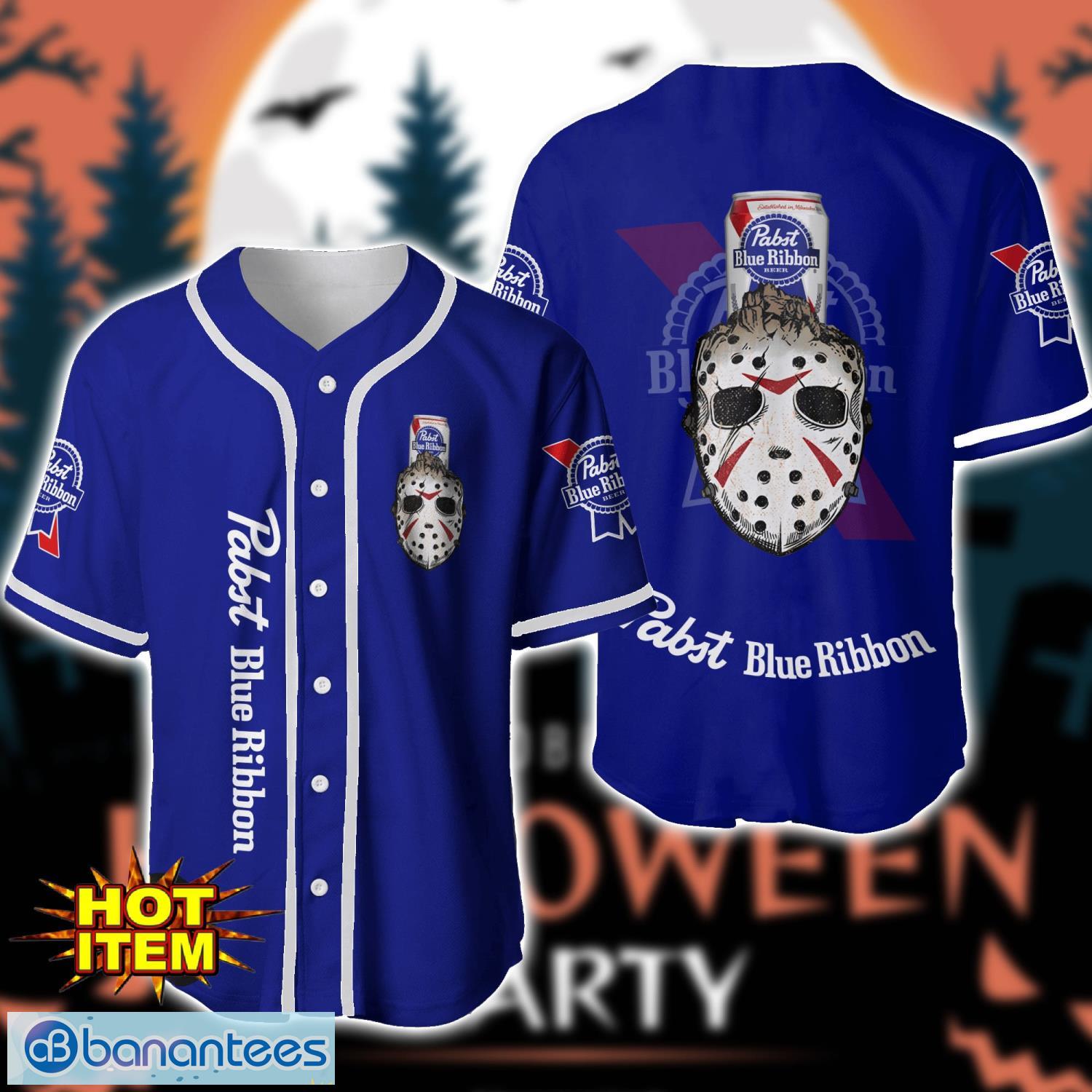 pabst blue ribbon horror face baseball jersey shirt halloween gift image Pabst Blue Ribbon Horror Face Baseball Jersey Shirt Halloween Gift Product Photo 1