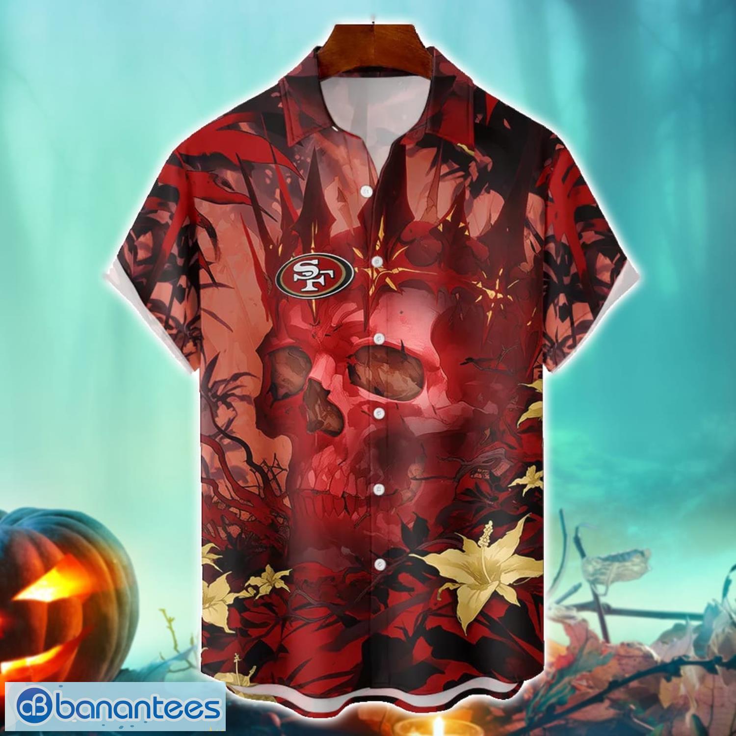 san francisco 49ers nfl skull halloween hawaiian shirt special gift for fans image San Francisco 49ers NFL Skull Halloween Hawaiian Shirt Special Gift For Fans Product Photo 1