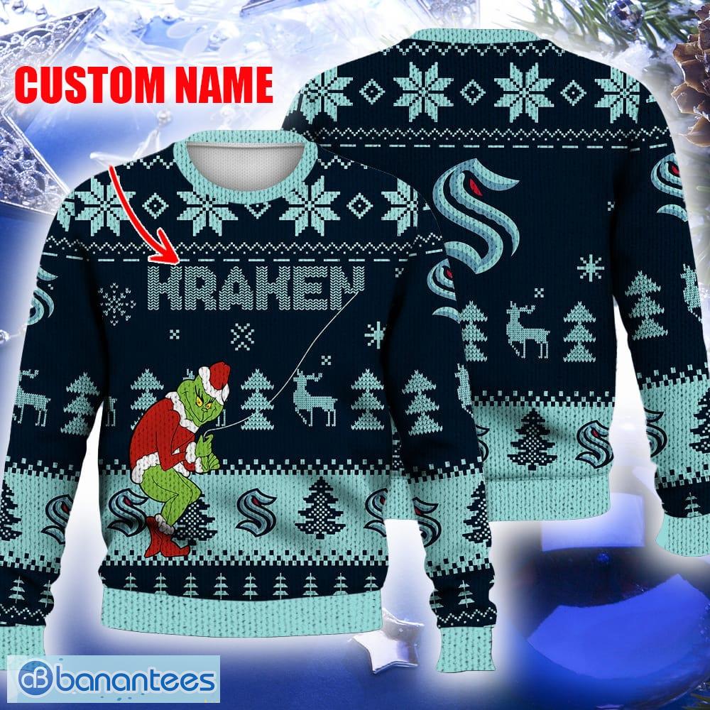 seattle kraken ugly christmas sweater gift for fans image Seattle Kraken Ugly Christmas Sweater Gift For Fans - Seattle Kraken Ugly Christmas Sweater Grinch Custom Ice Hockey NHL Gift For Christmas Holidays Custom Name