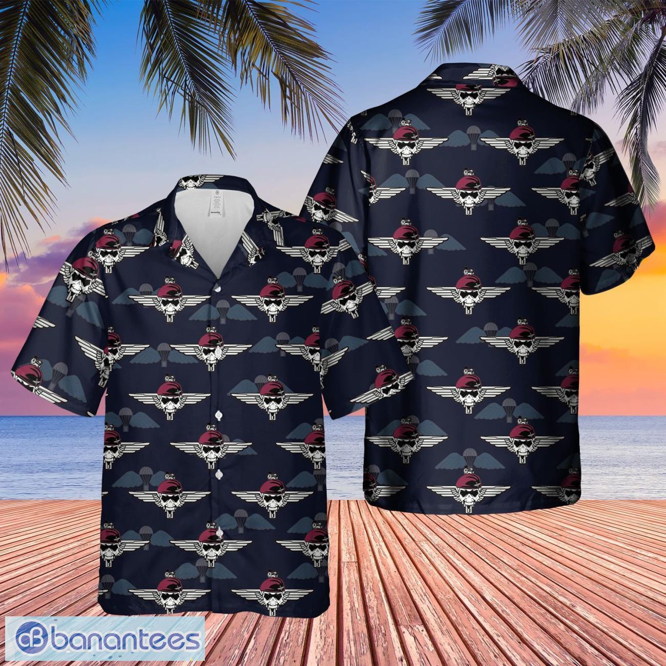 uk parachute regiment maroon skull badge hawaiian shirt beach summer shirt shorts image UK Parachute Regiment Maroon Skull Badge Hawaiian Shirt Beach Summer Shirt + Shorts Product Photo 1