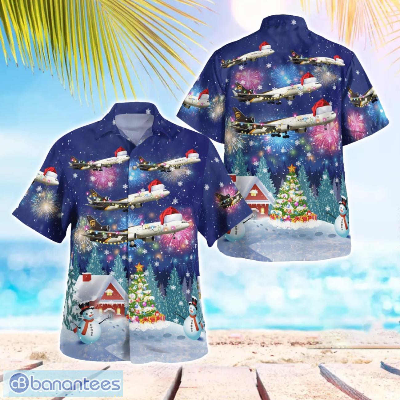 ups mcdonnell douglas md 11f christmas 3d hawaiian shirt image UPS McDonnell Douglas MD-11(F) Christmas 3D Hawaiian Shirt Product Photo 1