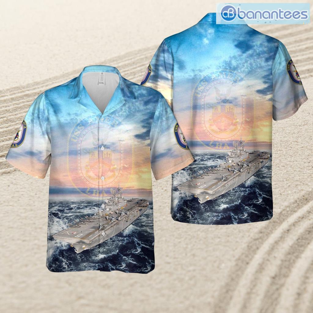 us navy uss america lha 6 america class amphibious assault ship tropical beach hawaiian shirt image Us Navy Uss America (Lha-6) America-Class Amphibious Assault Ship Tropical Beach Hawaiian Shirt Product Photo 1