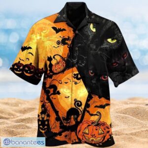 Halloween Night Black Cat And Pumpkin Design Full Over Print Hawaiian Shirt Product Photo 1