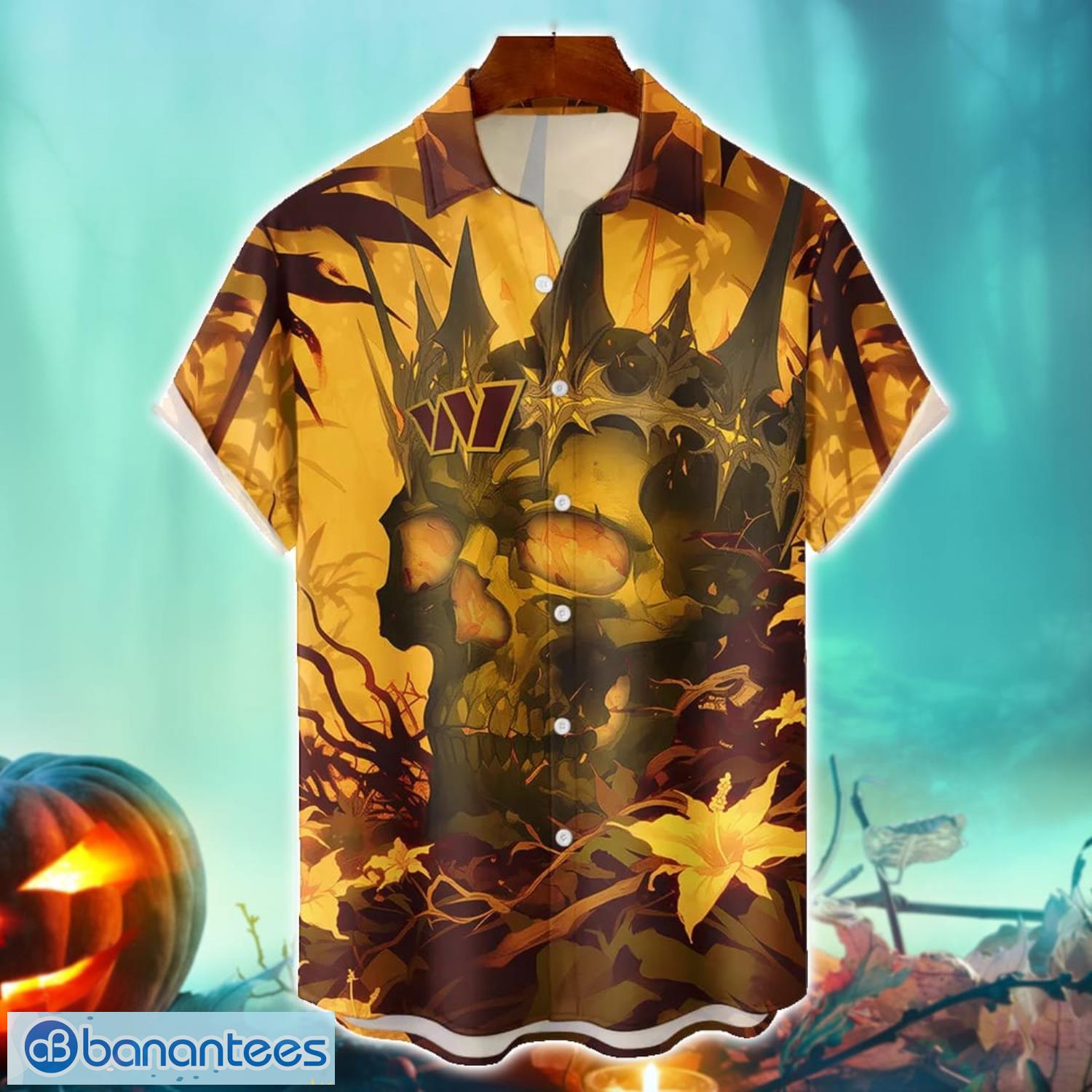 washington commanders nfl skull halloween hawaiian shirt special gift for fans image Washington Commanders NFL Skull Halloween Hawaiian Shirt Special Gift For Fans Product Photo 1