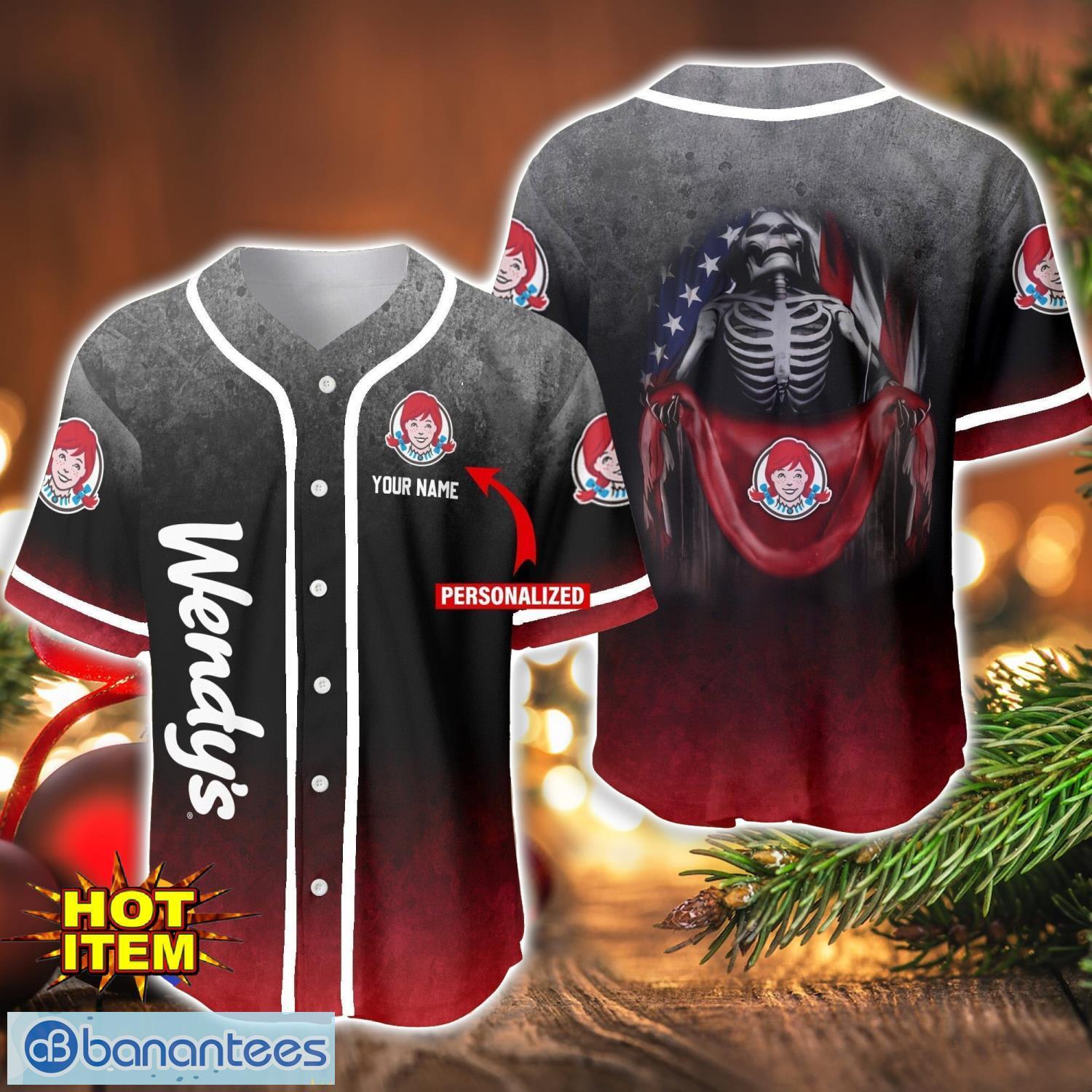 wendys skull usa flag baseball jersey shirt personalized name for men and women image Wendy's Skull USA Flag Baseball Jersey Shirt Personalized Name For Men And Women Product Photo