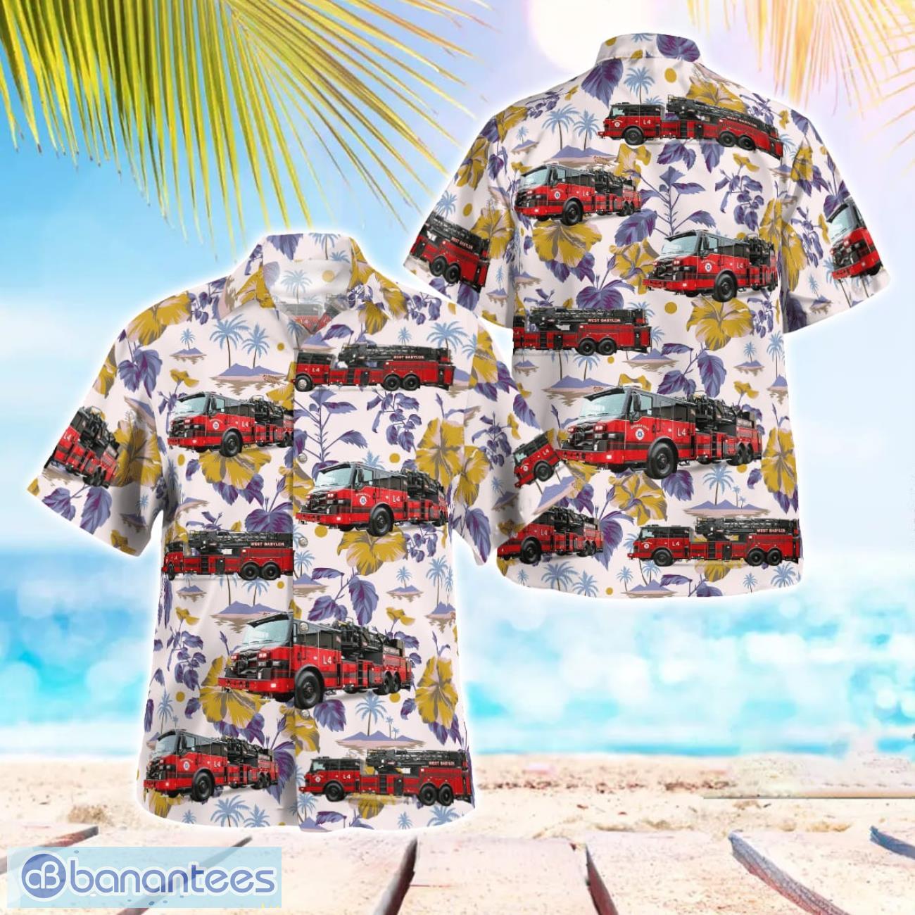 west babylon fire trucks beach hawaiian shirt summer gift image West Babylon Fire Trucks Beach Hawaiian Shirt Summer Gift Product Photo 1