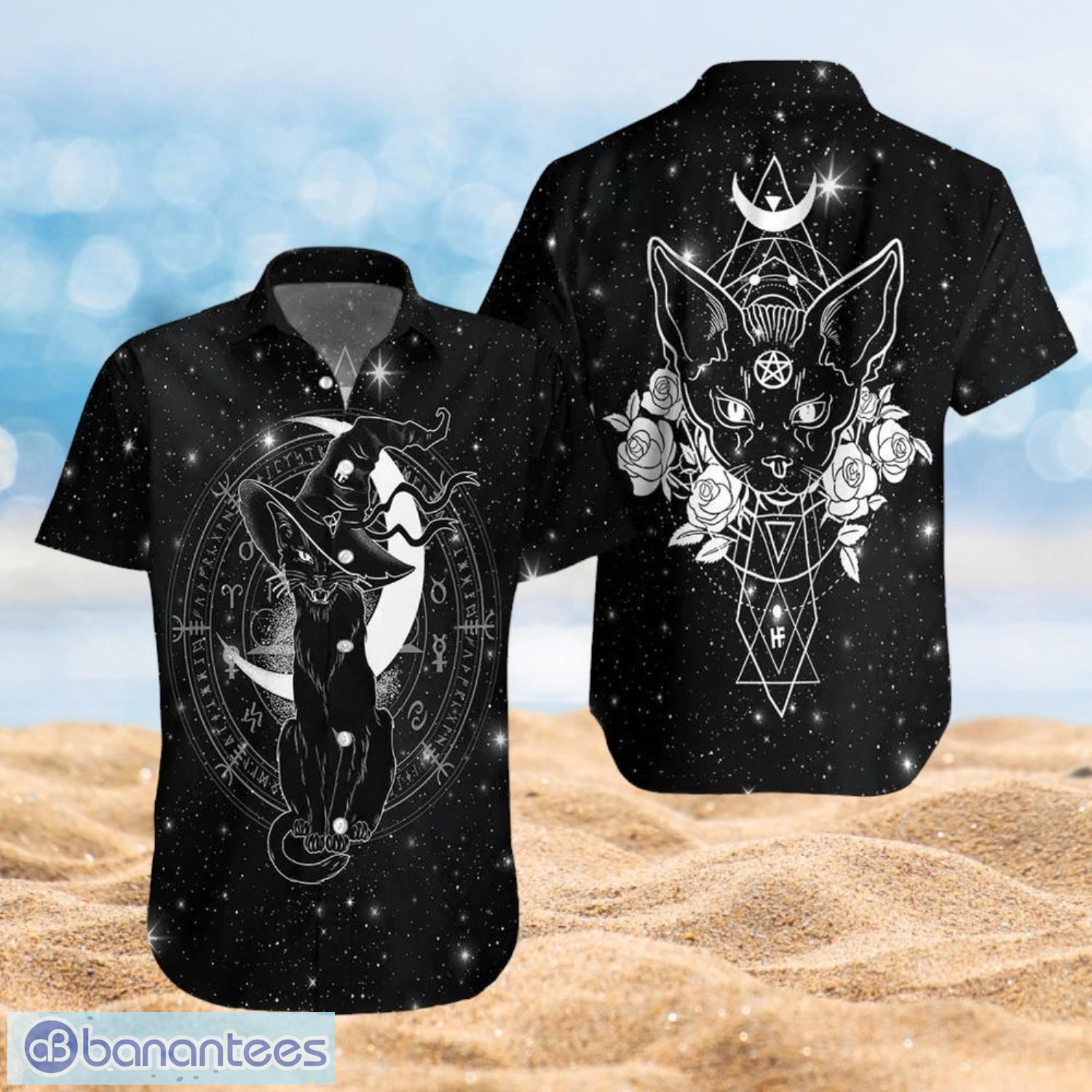wicca black cat halloween gifts black shirt full over print hawaiian shirt image Wicca Black Cat Halloween Gifts Black Shirt Full Over Print Hawaiian Shirt Product Photo 1