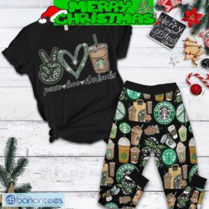 Starbucks Peace Love Christmas Fleece Pajamas Set All Over Print Christmas Gift - Starbucks Peace Love Christmas Fleece Pajamas Set-1