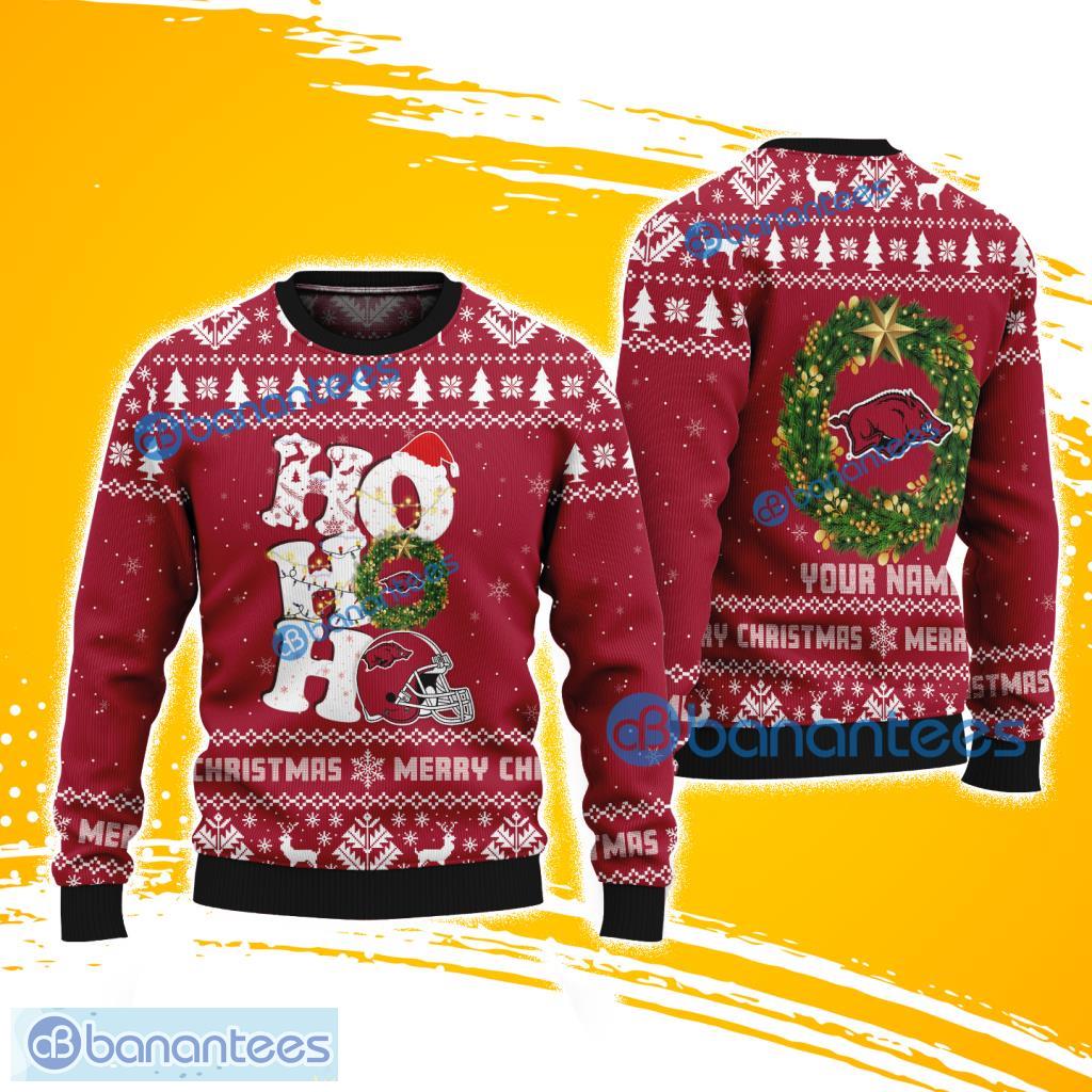 arkansas razorbacks ncaa ho ho ho merry christmas ugly sweater gift for fans image Arkansas Razorbacks NCAA Ho Ho Ho Merry Christmas Ugly Sweater Gift For Fans Product Photo 1