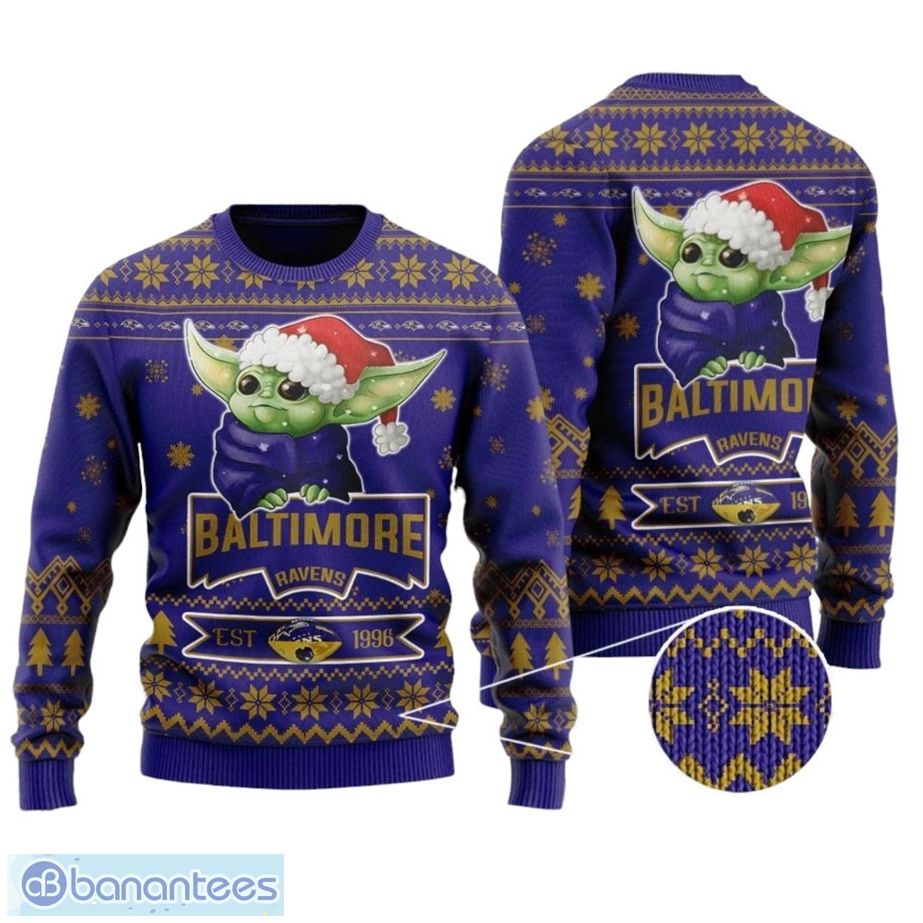 baltimore ravens cute baby yoda grogu all over print sweater image Baltimore Ravens Cute Baby Yoda Grogu All Over Print Sweater Product Photo 1