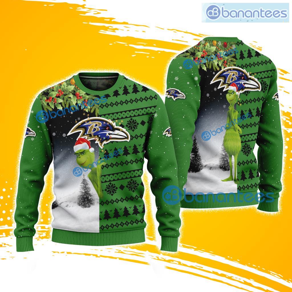 baltimore ravens nfl the grinch green christmas pattern ugly sweater 3d best gift image Baltimore Ravens NFL The Grinch Green Christmas Pattern Ugly Sweater 3D Best Gift Product Photo 1