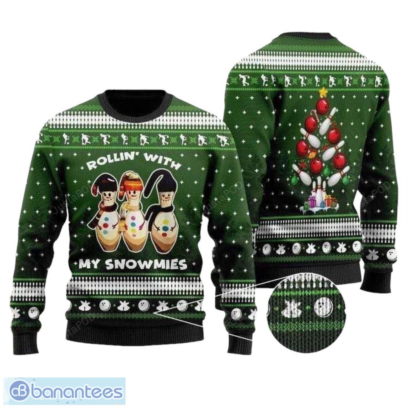 bowling rolling with my snowmies green all over print sweater image Bowling Rolling With My Snowmies Green All Over Print Sweater Product Photo 1