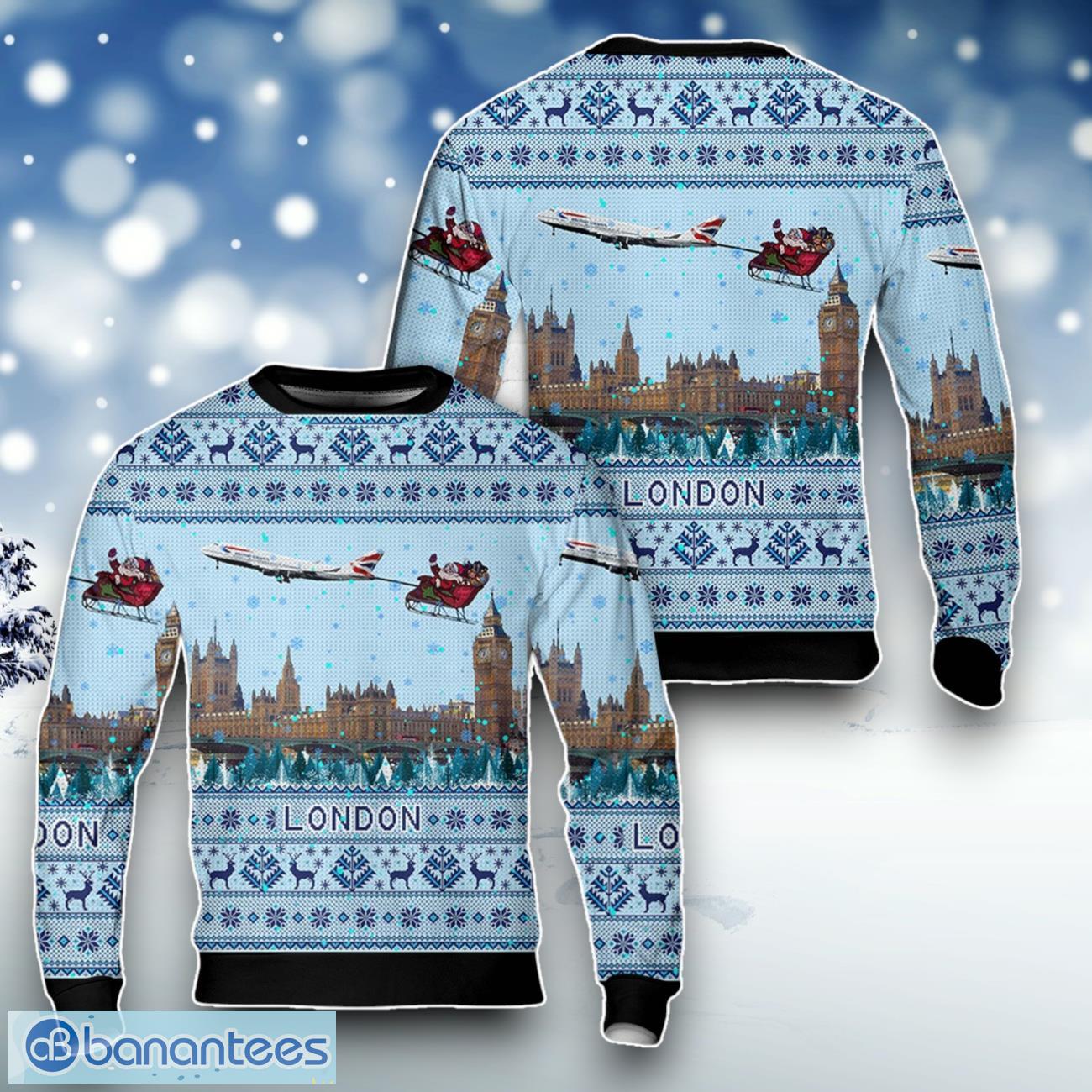 british airways 747 over london christmas ugly sweater for men women image British Airways 747 Over London Christmas Ugly Sweater For Men Women Product Photo 1