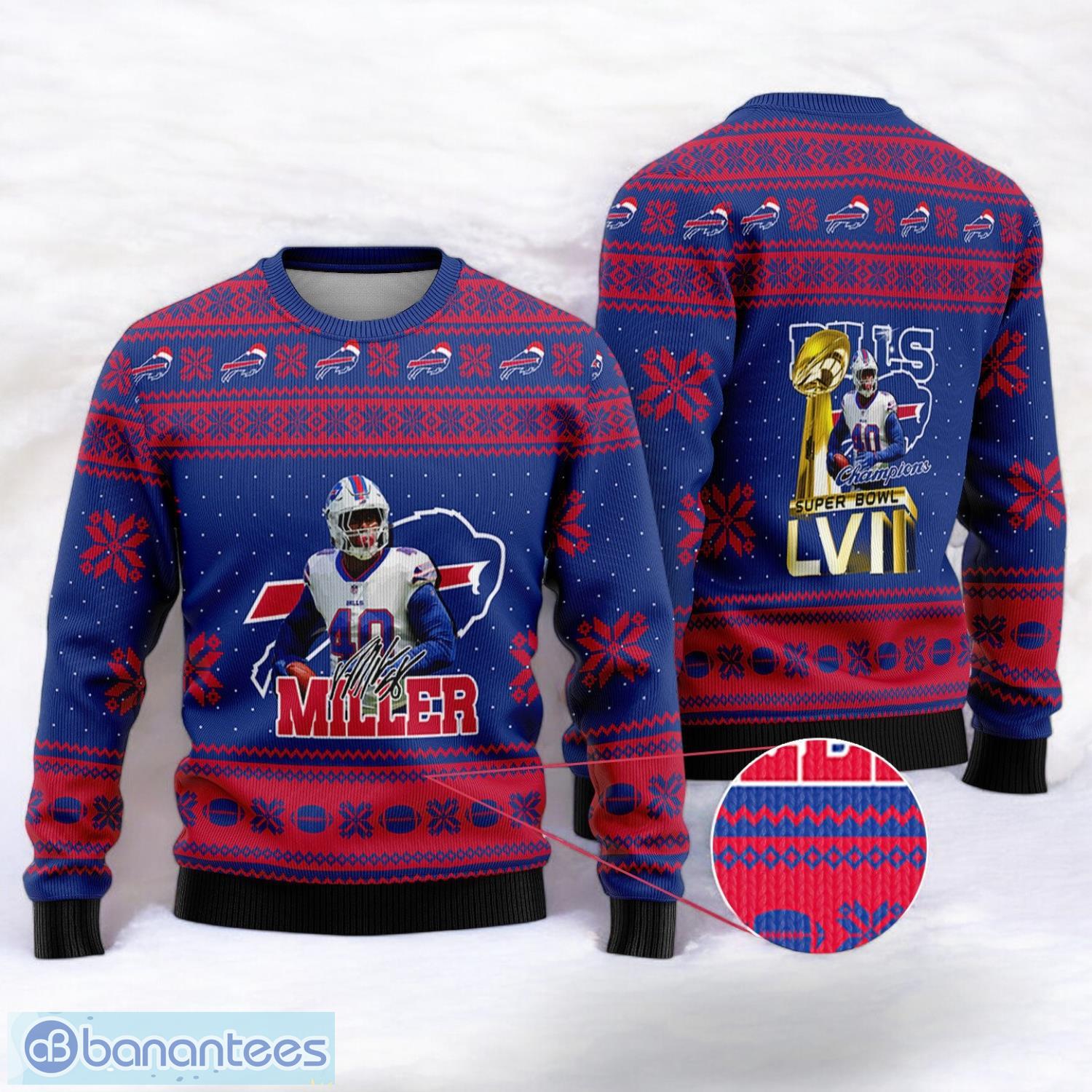 buffalo bills von miller super bowl lvii champions 2023 sport player 3d ugly christmas sweater image Buffalo Bills Von Miller Super Bowl LVII Champions 2023 Sport Player 3D Ugly Christmas Sweater Product Photo 1