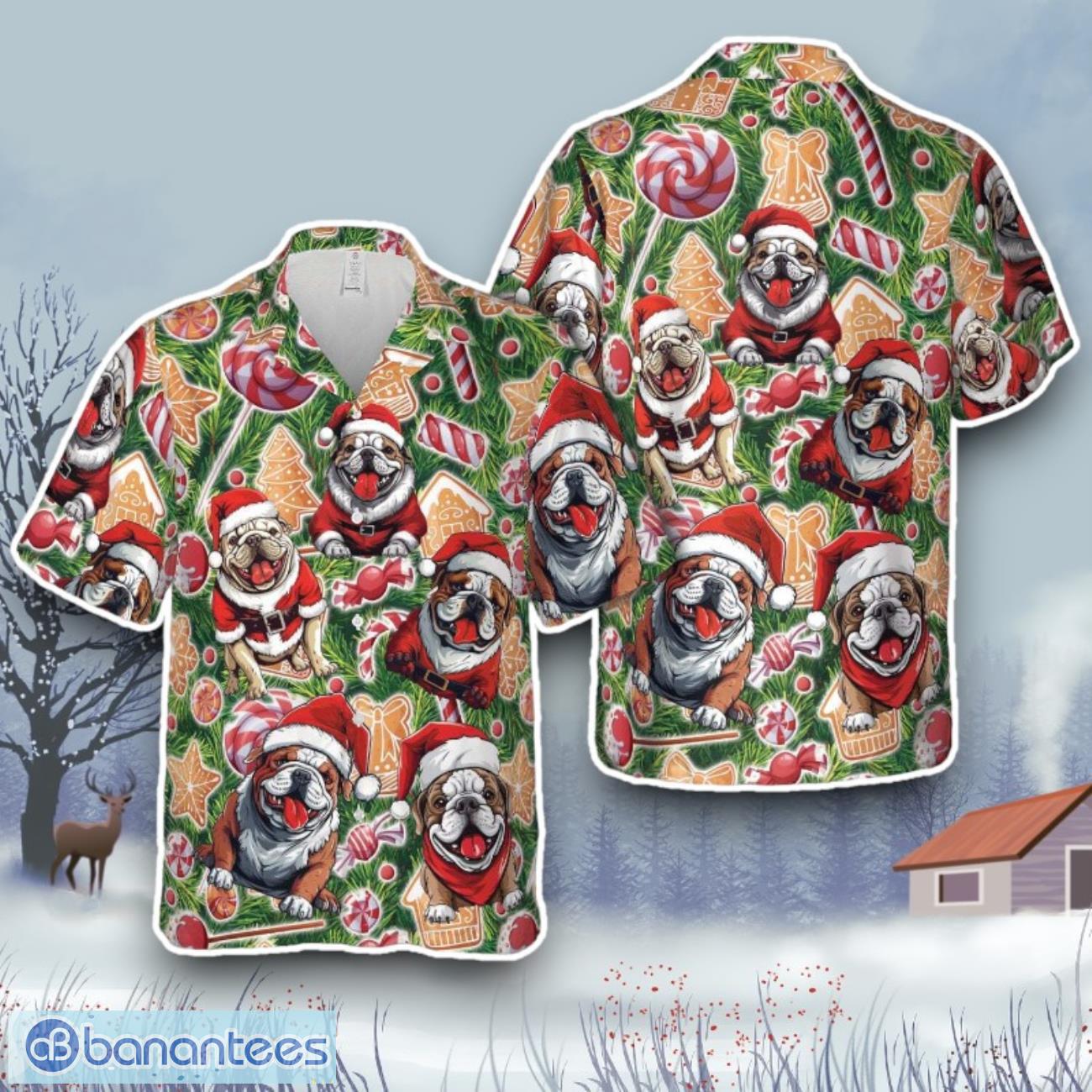 bulldog wearing santa hat hawaiian shirt gift for christmas image Bulldog Wearing Santa Hat Hawaiian Shirt Gift For Christmas Product Photo 1