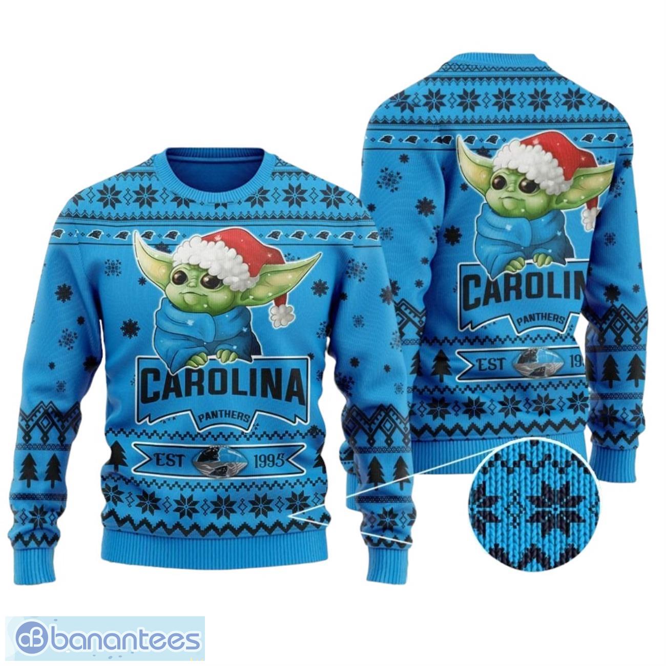 carolina panthers cute baby yoda grogu all over print sweater image Carolina Panthers Cute Baby Yoda Grogu All Over Print Sweater Product Photo 1