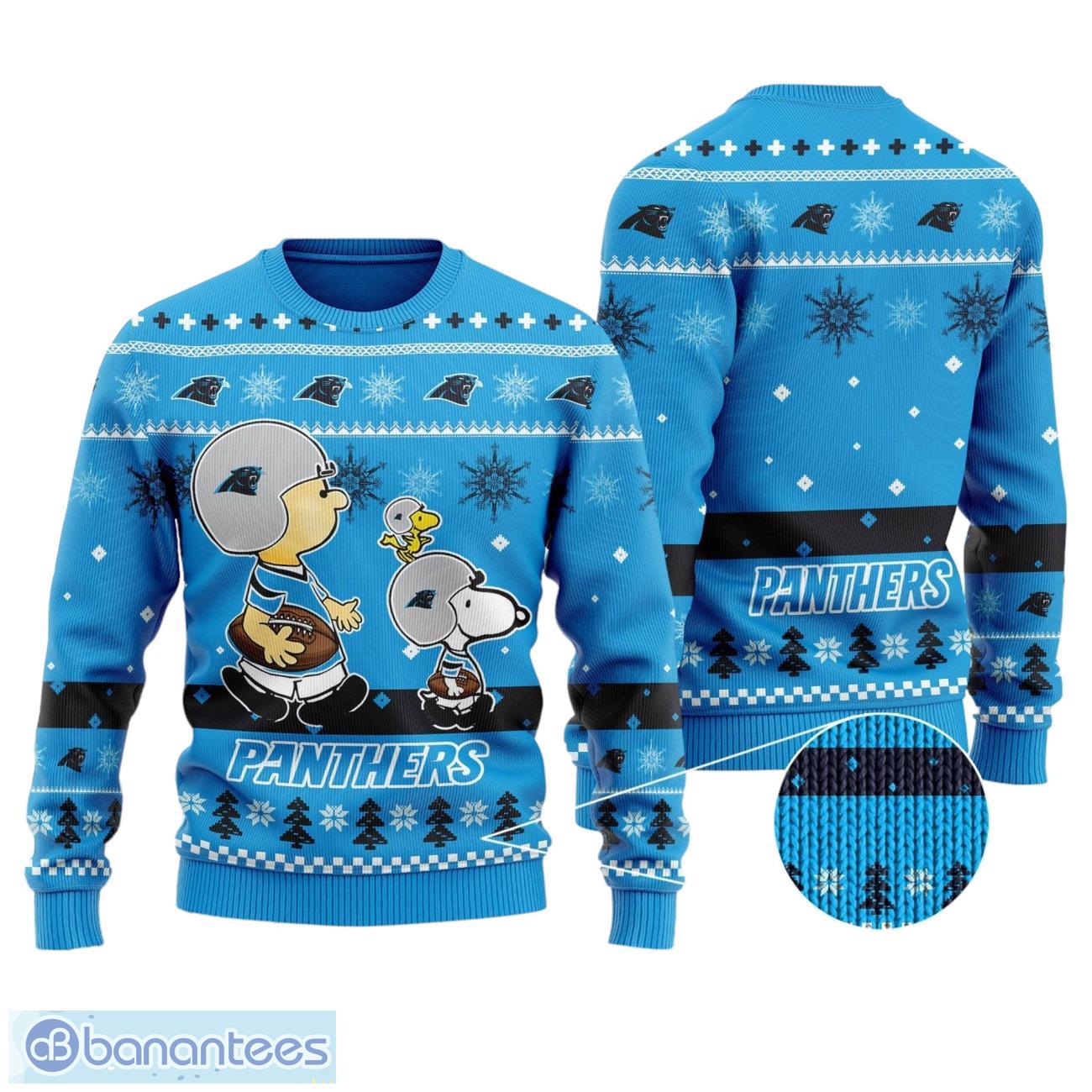 carolina panthers funny charlie brown peanuts snoopy all over print sweater image Carolina Panthers Funny Charlie Brown Peanuts Snoopy All Over Print Sweater Product Photo 1