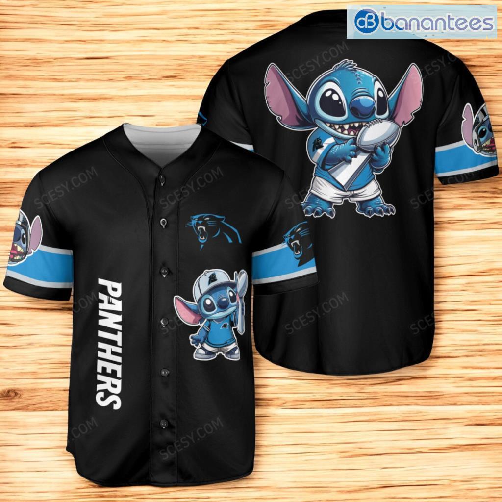 carolina panthers lilo stitch baseball jersey shirt black for men and women image Carolina Panthers Lilo & Stitch Baseball Jersey Shirt Black For Men And Women Product Photo 1