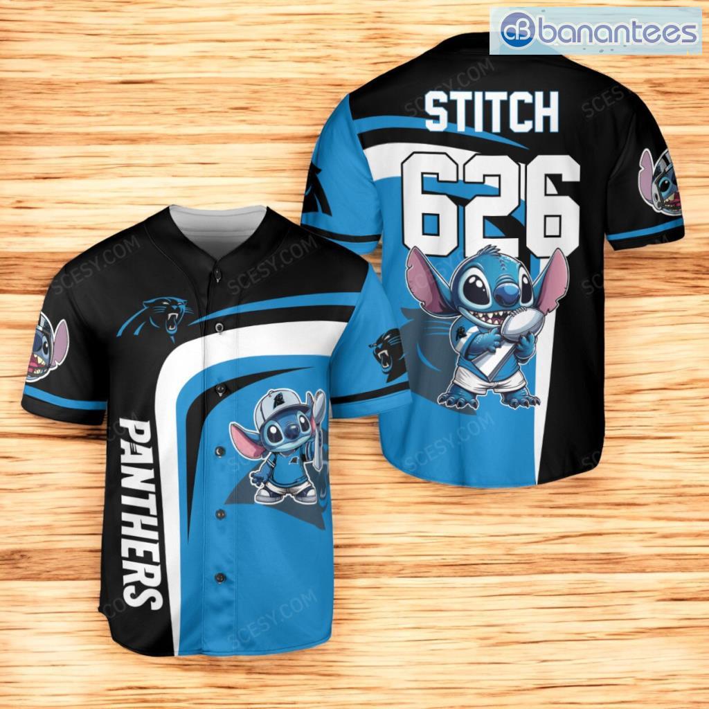 carolina panthers lilo stitch champions baseball jersey shirt blue black for men and women image Carolina Panthers Lilo & Stitch Champions Baseball Jersey Shirt Blue & Black For Men And Women Product Photo 1