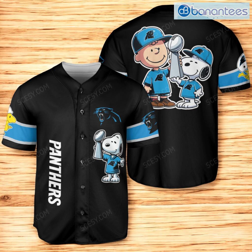 carolina panthers peanut snoopy baseball jersey shirt black for men and women image Carolina Panthers Peanut Snoopy Baseball Jersey Shirt Black For Men And Women Product Photo 1