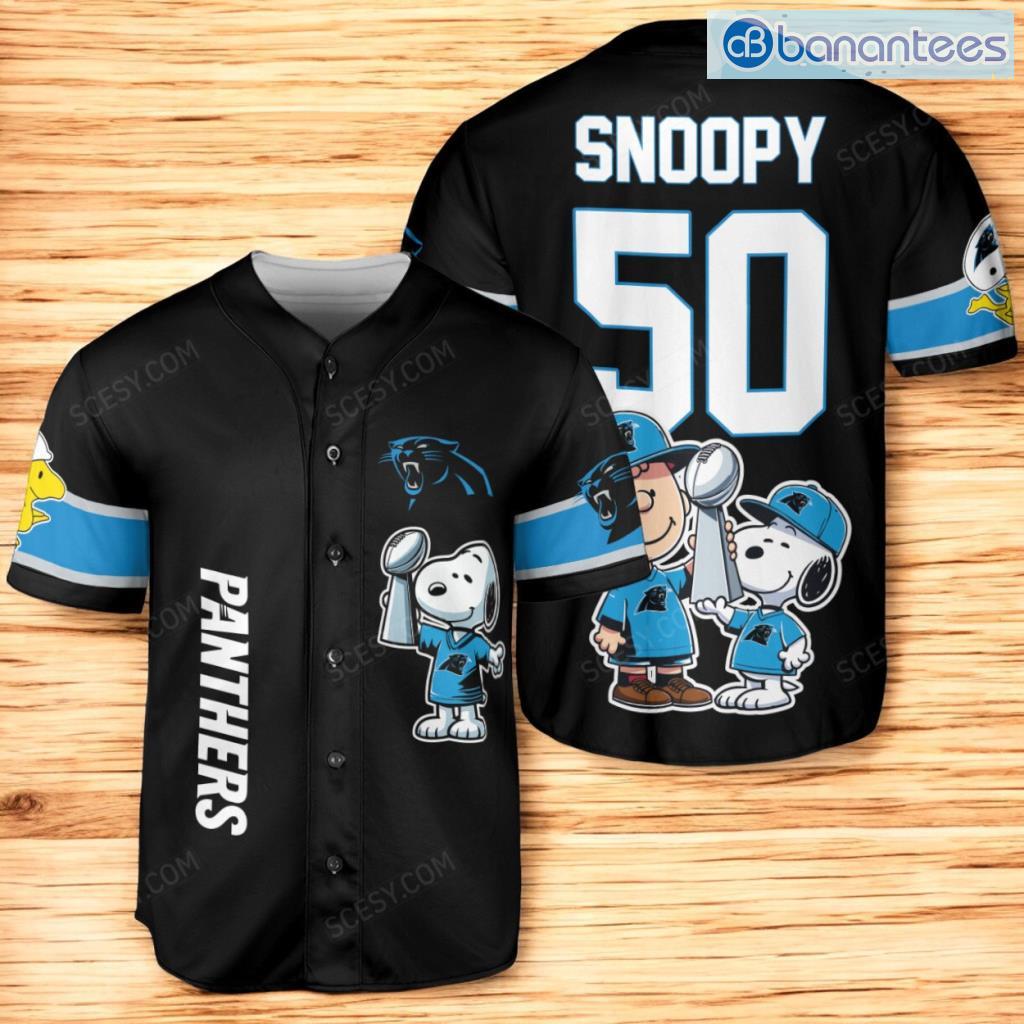 carolina panthers peanut snoopy champion baseball jersey shirt black image Carolina Panthers Peanut Snoopy Champion Baseball Jersey Shirt Black Product Photo 1