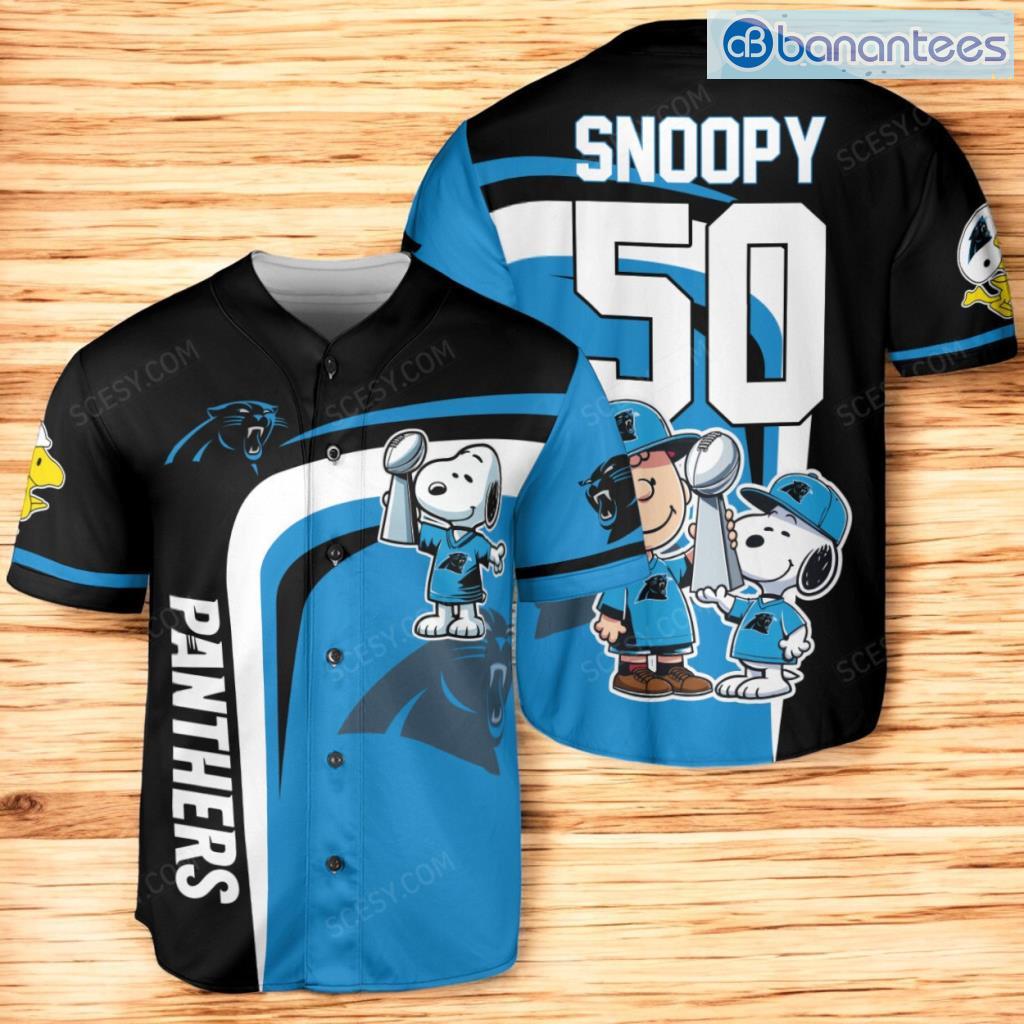 carolina panthers peanut snoopy champion baseball jersey shirt blue black image Carolina Panthers Peanut Snoopy Champion Baseball Jersey Shirt Blue & Black Product Photo 1