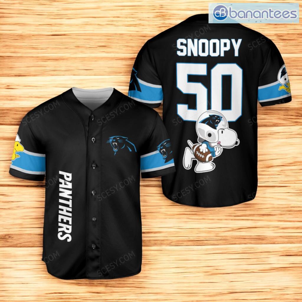 carolina panthers snoopy baseball jersey shirt black for men and women image Carolina Panthers Snoopy Baseball Jersey Shirt Black For Men And Women Product Photo 1