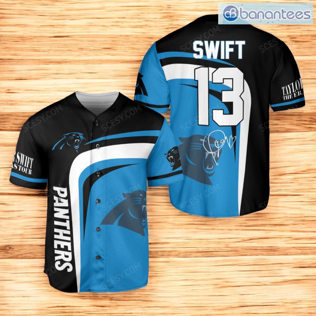 carolina panthers taylor swift baseball jersey shirt black blue number 13 image Carolina Panthers Taylor Swift Baseball Jersey Shirt Black Blue Number #13 Product Photo 1