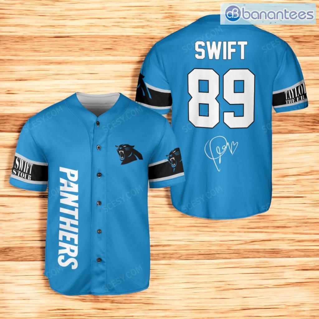 carolina panthers taylor swift baseball jersey shirt blue number 89 image Carolina Panthers Taylor Swift Baseball Jersey Shirt Blue Number #89 Product Photo 1