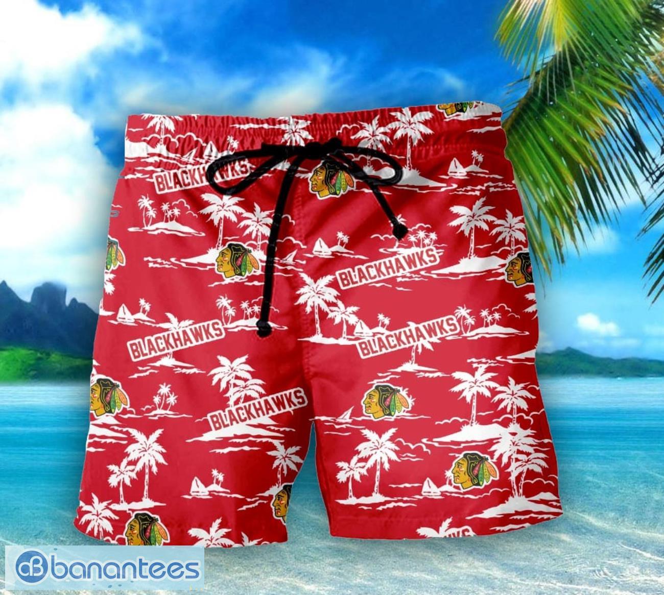 chicago blackhawks 3d tropical pattern coconut tree hawaiian shirt and shorts 1 image Chicago Blackhawks 3D Tropical Pattern Coconut Tree Hawaiian Shirt And Shorts Product Photo 2