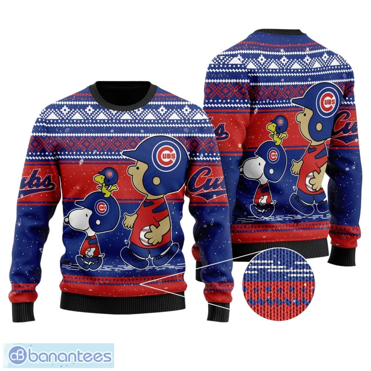 chicago cubs charlie brown snoopy christmas all over print sweater image Chicago Cubs Charlie Brown Snoopy Christmas All Over Print Sweater Product Photo 1