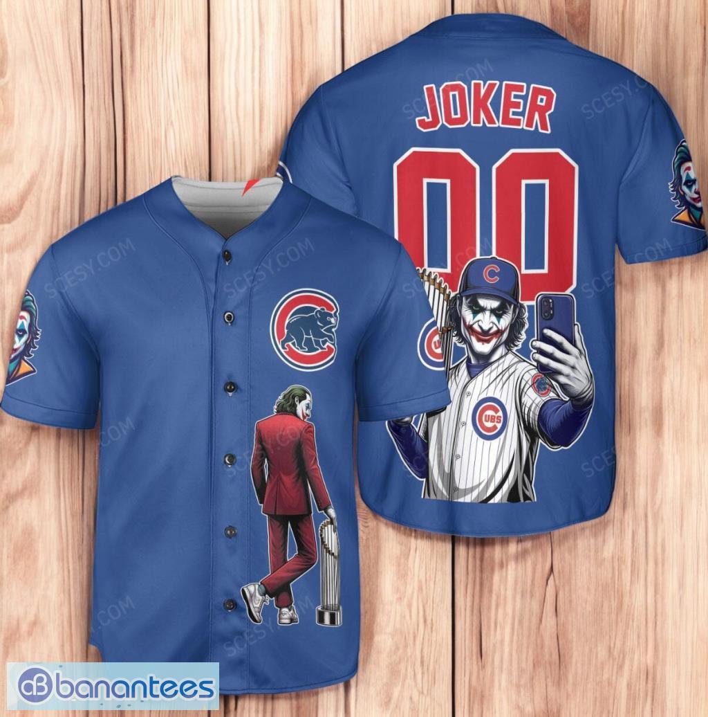 chicago cubs x joker dc comics with trophy personalized baseball jersey shirt royal limited edition image Chicago Cubs x Joker DC Comics with Trophy Personalized Baseball Jersey Shirt Royal Limited Edition Product Photo 1