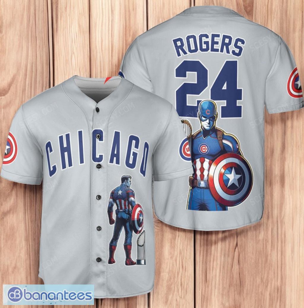 chicago cubs x marvel captain america steve rogers with trophy personalized baseball jersey shirt gray limited edition image Chicago Cubs x Marvel Captain America Steve Rogers with Trophy Personalized Baseball Jersey Shirt Gray Limited Edition Product Photo 1