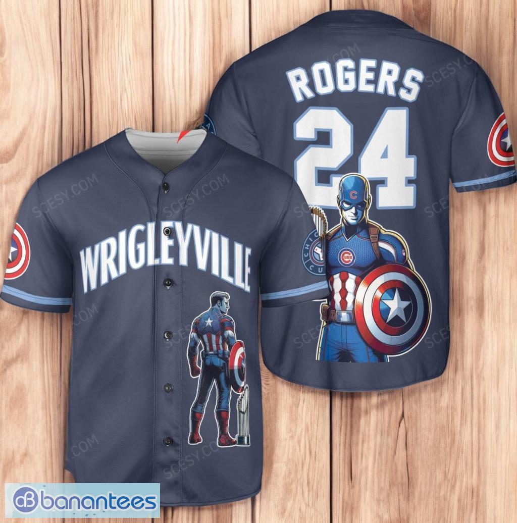 chicago cubs x marvel captain america steve rogers with trophy personalized baseball jersey shirt navy limited edition image Chicago Cubs x Marvel Captain America Steve Rogers with Trophy Personalized Baseball Jersey Shirt Navy Limited Edition Product Photo 1