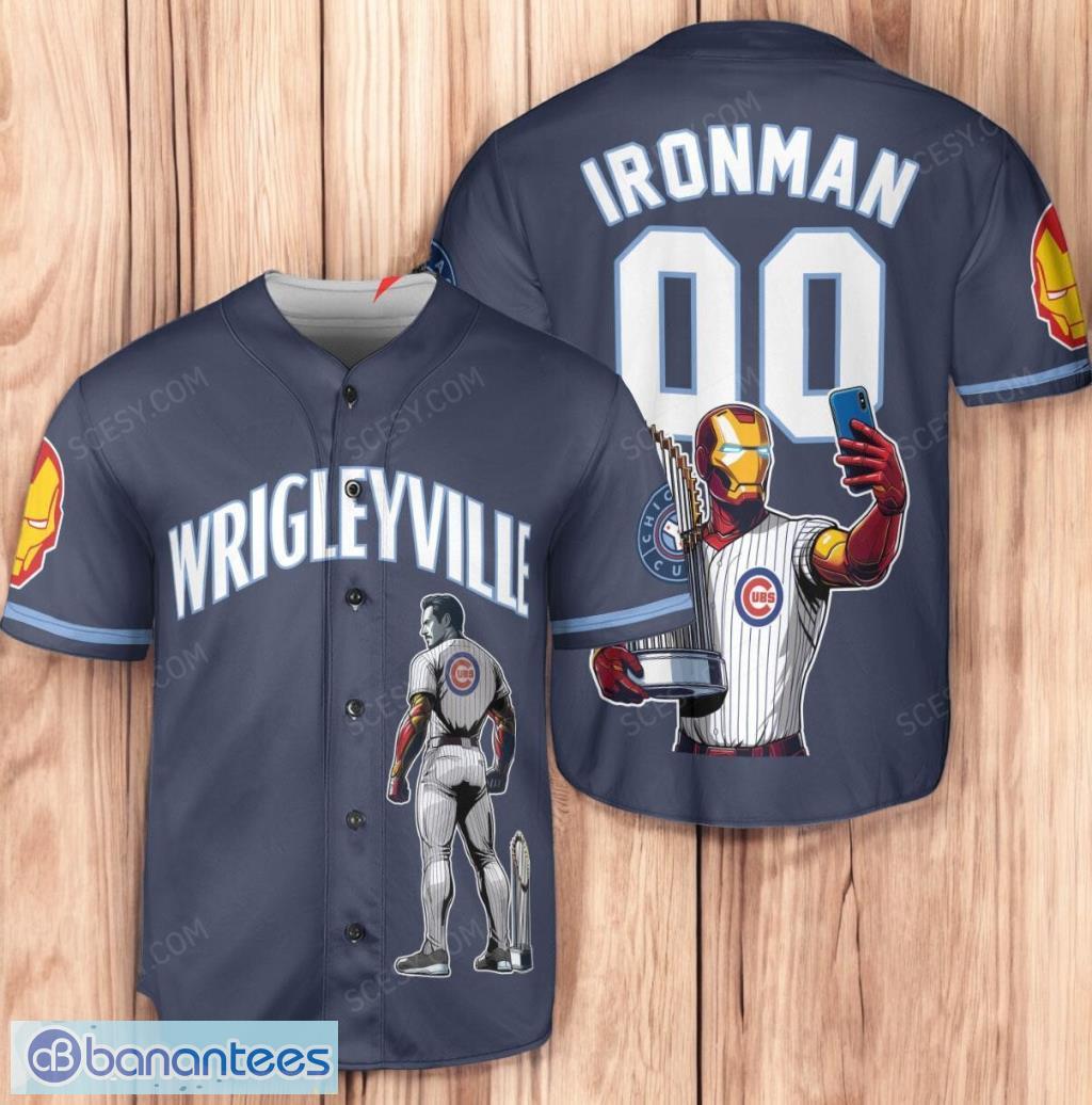 chicago cubs x marvel iron man tony stark with trophy personalized baseball jersey shirt navy limited edition image Chicago Cubs x Marvel Iron Man Tony Stark with Trophy Personalized Baseball Jersey Shirt Navy Limited Edition Product Photo 1