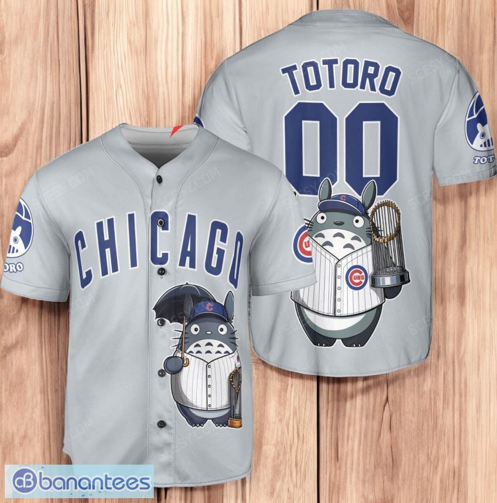 chicago cubs x totoro studio ghibli with trophy personalized baseball jersey shirt gray limited edition image Chicago Cubs x Totoro Studio Ghibli with Trophy Personalized Baseball Jersey Shirt Gray Limited Edition Product Photo 1