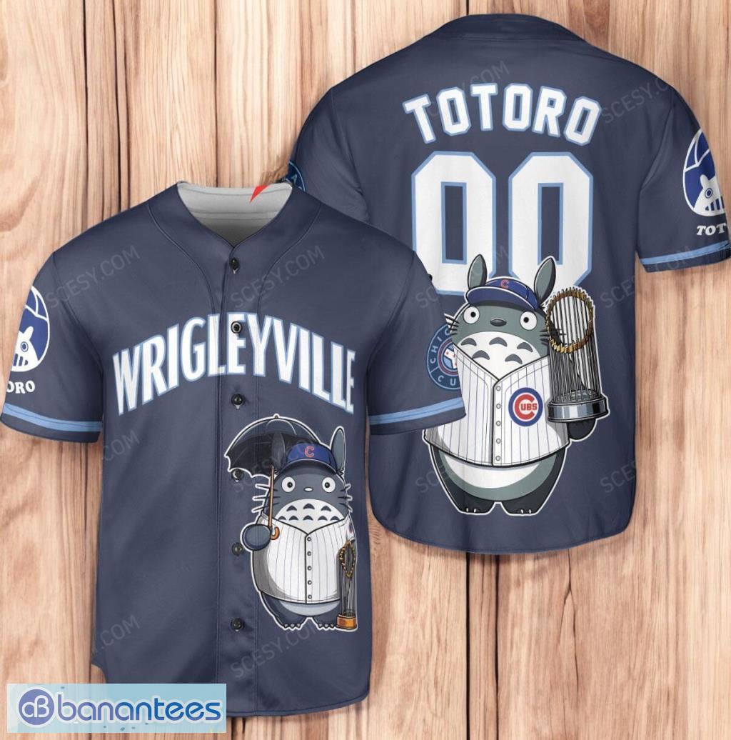 chicago cubs x totoro studio ghibli with trophy personalized baseball jersey shirt navy limited edition image Chicago Cubs x Totoro Studio Ghibli with Trophy Personalized Baseball Jersey Shirt Navy Limited Edition Product Photo 1