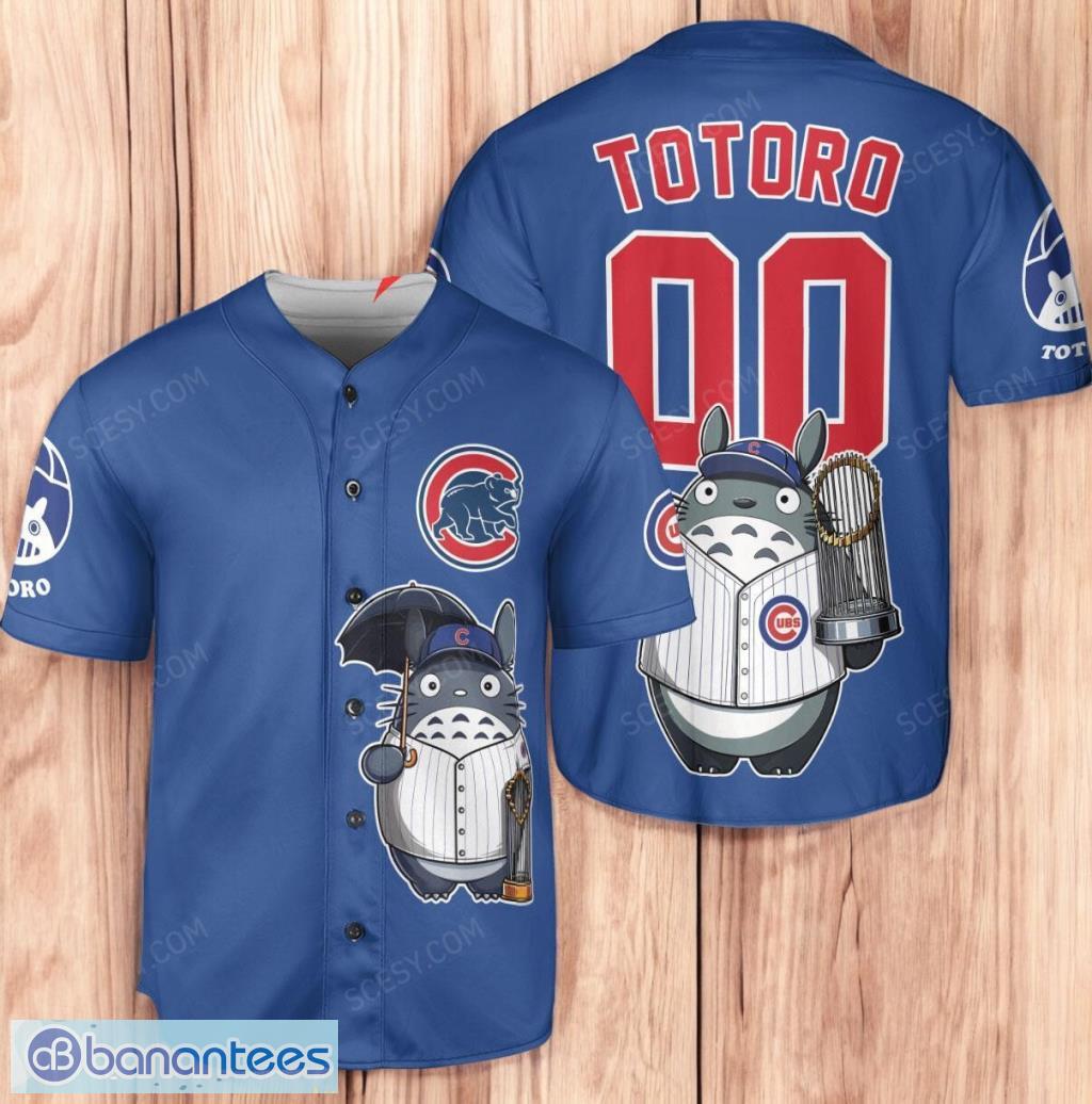 chicago cubs x totoro studio ghibli with trophy personalized baseball jersey shirt royal limited edition image Chicago Cubs x Totoro Studio Ghibli with Trophy Personalized Baseball Jersey Shirt Royal Limited Edition Product Photo 1